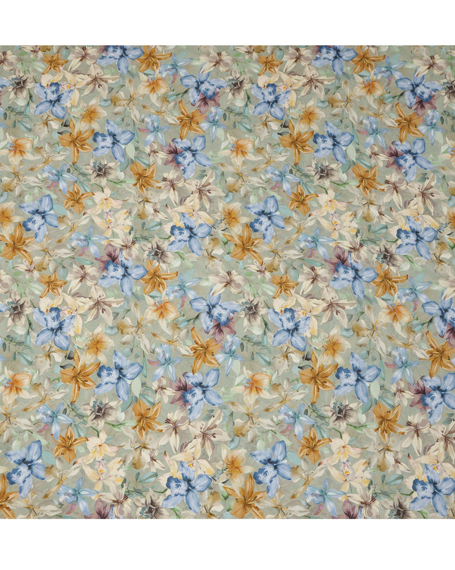 قماش كريب فيسكوز مطبوع عليه زهور متعدد الألوان باللون الأخضر المريمية مع تصميم زهور بألوان مائية، عرض 110 سم، صنع في الهند - D23401