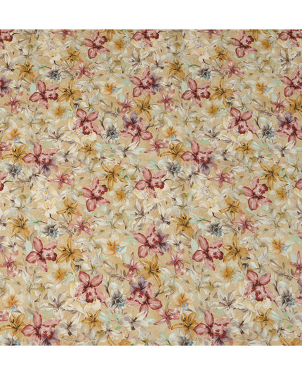 قماش كريب فيسكوز مطبوع عليه زهور متعدد الألوان، بيج دافئ، بمظهر مرسوم يدويًا، عرض 110 سم، صنع في الهند - D23402