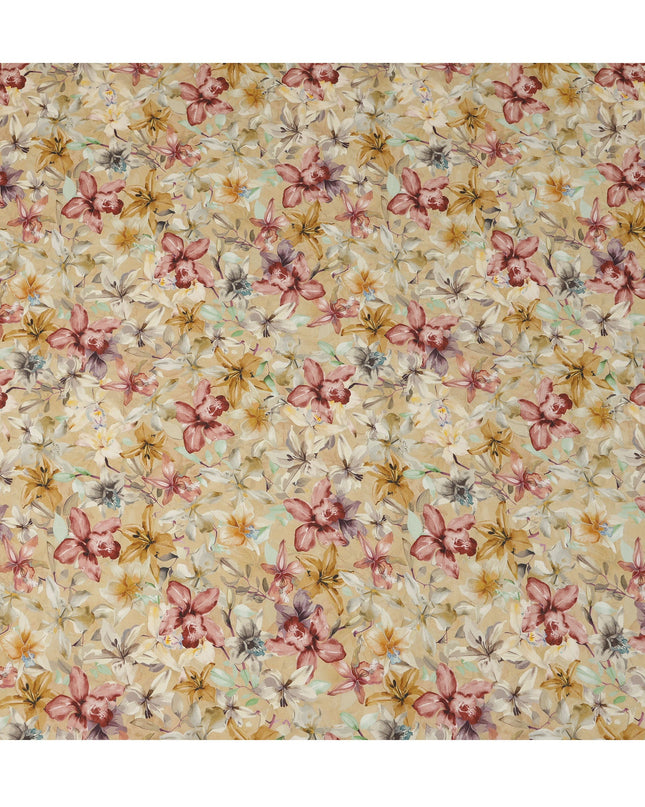قماش كريب فيسكوز مطبوع عليه زهور متعدد الألوان، بيج دافئ، بمظهر مرسوم يدويًا، عرض 110 سم، صنع في الهند - D23402