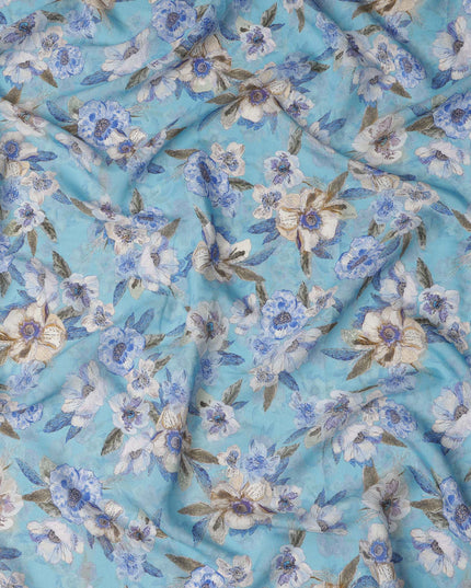 Sky Blue Bold Blue and White Floral Printed Viscose Crepe Fabric with Leafy Detailing, Width 110 cm, Made in India-D23403