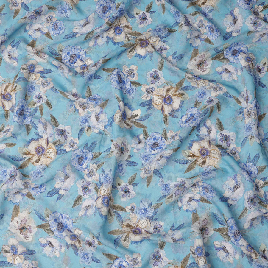 Sky Blue Bold Blue and White Floral Printed Viscose Crepe Fabric with Leafy Detailing, Width 110 cm, Made in India-D23403
