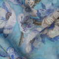 Sky Blue Bold Blue and White Floral Printed Viscose Crepe Fabric with Leafy Detailing, Width 110 cm, Made in India-D23403