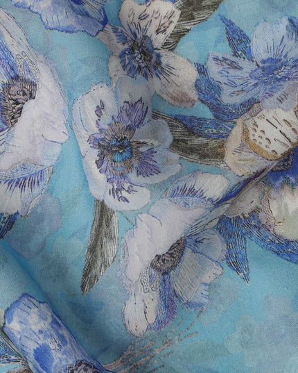 Sky Blue Bold Blue and White Floral Printed Viscose Crepe Fabric with Leafy Detailing, Width 110 cm, Made in India-D23403