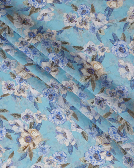 Sky Blue Bold Blue and White Floral Printed Viscose Crepe Fabric with Leafy Detailing, Width 110 cm, Made in India-D23403