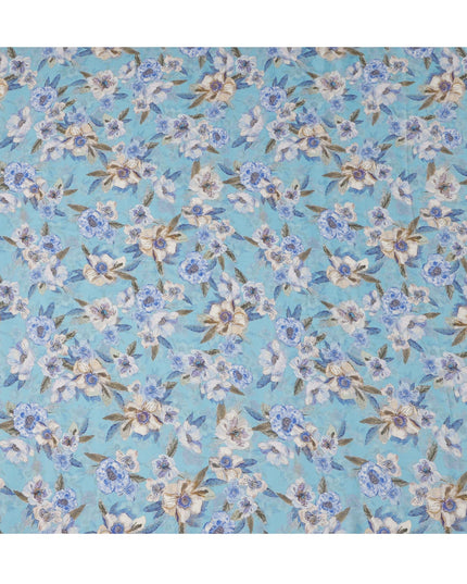 Sky Blue Bold Blue and White Floral Printed Viscose Crepe Fabric with Leafy Detailing, Width 110 cm, Made in India-D23403