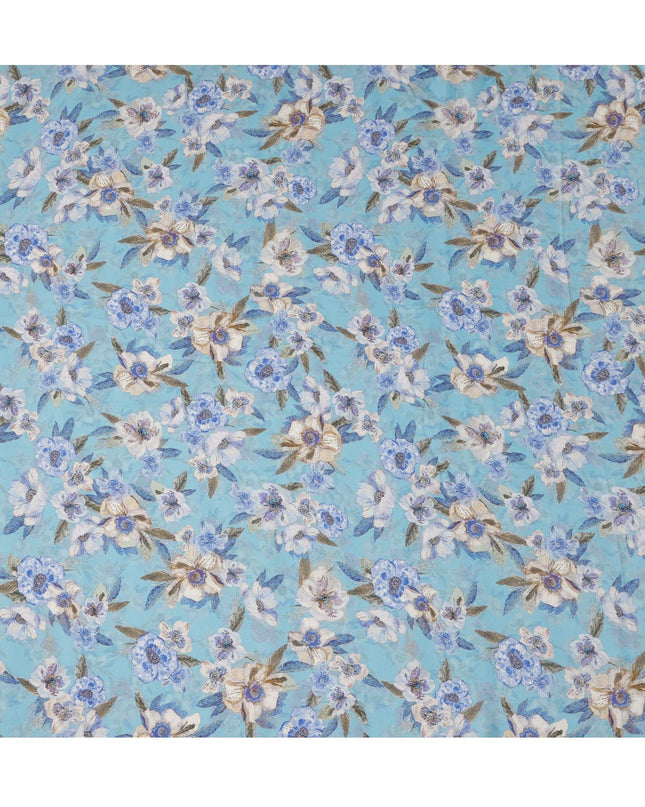 قماش كريب فيسكوز مطبوع عليه زهور باللون الأزرق السماوي والأبيض مع تفاصيل على شكل أوراق، عرض 110 سم، صنع في الهند - D23403
