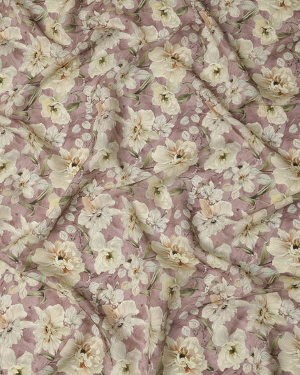 Mauve Pink Ivory Floral Printed Viscose Crepe Fabric with Soft Leaf Motifs, Width 110 cm, Made in India-D23405