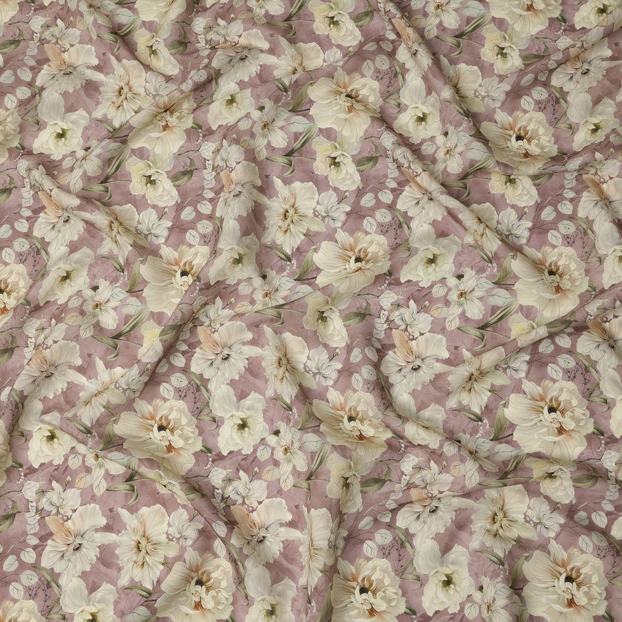 Mauve Pink Ivory Floral Printed Viscose Crepe Fabric with Soft Leaf Motifs, Width 110 cm, Made in India-D23405