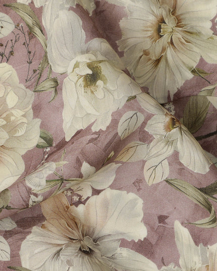 Mauve Pink Ivory Floral Printed Viscose Crepe Fabric with Soft Leaf Motifs, Width 110 cm, Made in India-D23405