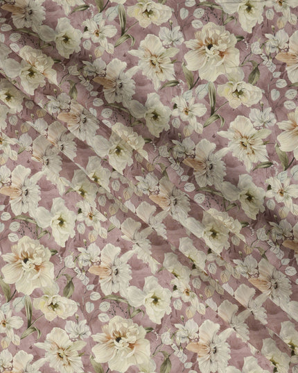 Mauve Pink Ivory Floral Printed Viscose Crepe Fabric with Soft Leaf Motifs, Width 110 cm, Made in India-D23405