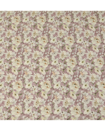 Mauve Pink Ivory Floral Printed Viscose Crepe Fabric with Soft Leaf Motifs, Width 110 cm, Made in India-D23405