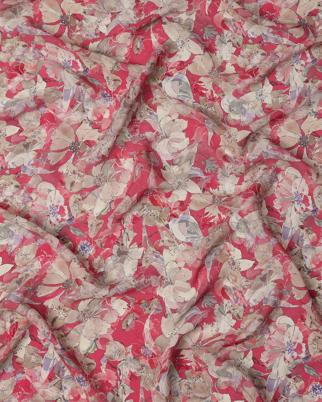 قماش كريب فيسكوز مطبوع عليه زهور باللون الأحمر القرمزي والبيج والليلكي بتصميم نباتي كثيف، عرض 110 سم، صنع في الهند - D23406