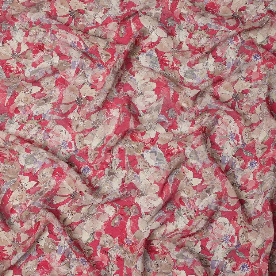 Crimson Red Beige and Lilac Floral Printed Viscose Crepe Fabric with Dense Botanical Design, Width 110 cm, Made in India-D23406
