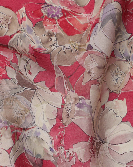 Crimson Red Beige and Lilac Floral Printed Viscose Crepe Fabric with Dense Botanical Design, Width 110 cm, Made in India-D23406