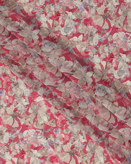 Crimson Red Beige and Lilac Floral Printed Viscose Crepe Fabric with Dense Botanical Design, Width 110 cm, Made in India-D23406