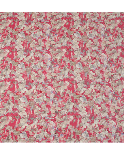 Crimson Red Beige and Lilac Floral Printed Viscose Crepe Fabric with Dense Botanical Design, Width 110 cm, Made in India-D23406