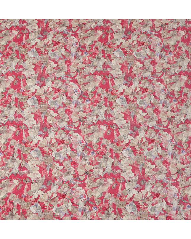 قماش كريب فيسكوز مطبوع عليه زهور باللون الأحمر القرمزي والبيج والليلكي بتصميم نباتي كثيف، عرض 110 سم، صنع في الهند - D23406