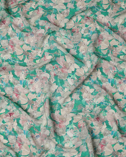 قماش كريب فيسكوز مطبوع عليه زهور متعدد الألوان باللون الأخضر الزمردي مع لمسات باستيل ناعمة، عرض 110 سم، صنع في الهند - D23407
