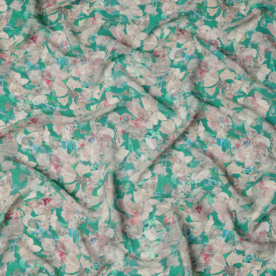 قماش كريب فيسكوز مطبوع عليه زهور متعدد الألوان باللون الأخضر الزمردي مع لمسات باستيل ناعمة، عرض 110 سم، صنع في الهند - D23407