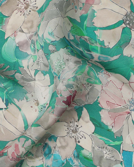 قماش كريب فيسكوز مطبوع عليه زهور متعدد الألوان باللون الأخضر الزمردي مع لمسات باستيل ناعمة، عرض 110 سم، صنع في الهند - D23407