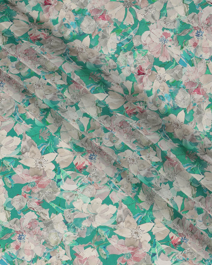 قماش كريب فيسكوز مطبوع عليه زهور متعدد الألوان باللون الأخضر الزمردي مع لمسات باستيل ناعمة، عرض 110 سم، صنع في الهند - D23407