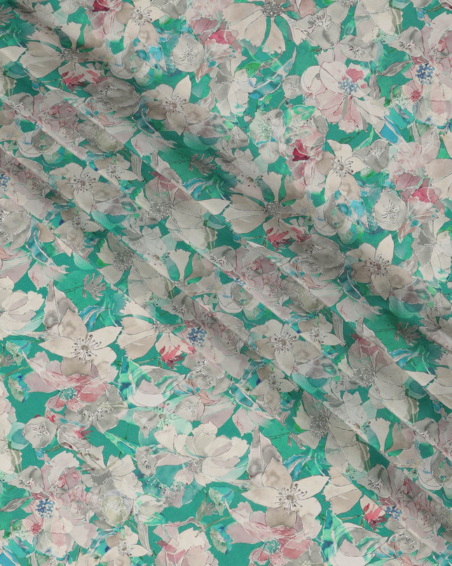 قماش كريب فيسكوز مطبوع عليه زهور متعدد الألوان باللون الأخضر الزمردي مع لمسات باستيل ناعمة، عرض 110 سم، صنع في الهند - D23407
