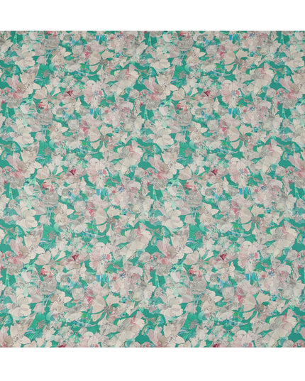 قماش كريب فيسكوز مطبوع عليه زهور متعدد الألوان باللون الأخضر الزمردي مع لمسات باستيل ناعمة، عرض 110 سم، صنع في الهند - D23407