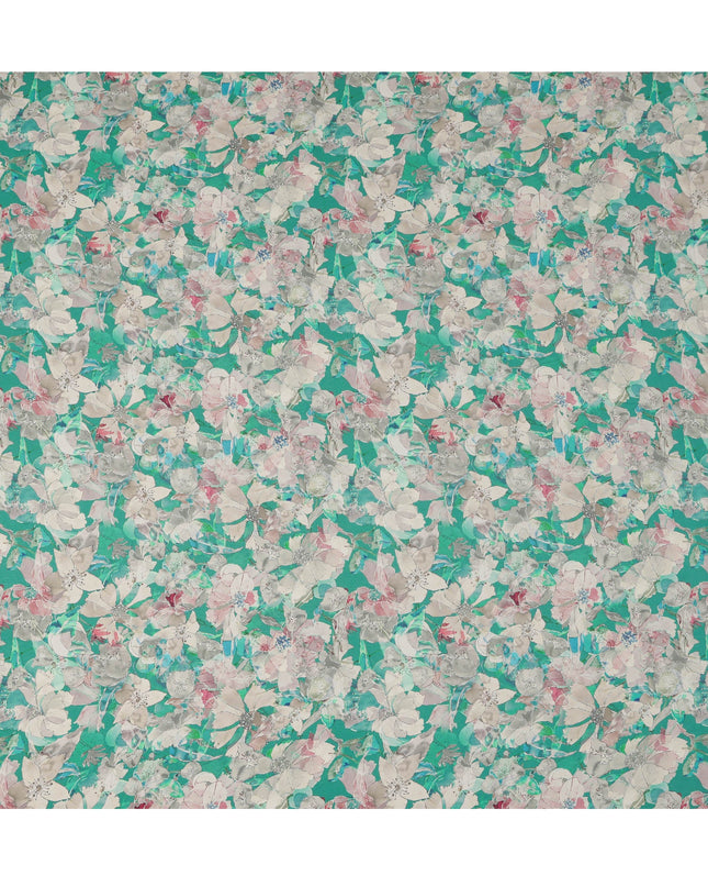 قماش كريب فيسكوز مطبوع عليه زهور متعدد الألوان باللون الأخضر الزمردي مع لمسات باستيل ناعمة، عرض 110 سم، صنع في الهند - D23407