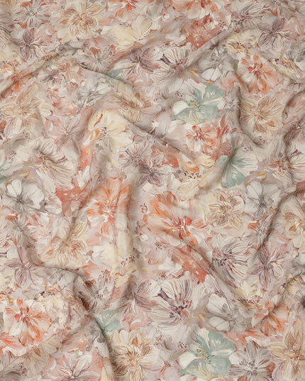 قماش كريب فيسكوز مطبوع عليه زهور بلون الخوخ والليلك البيج مع تأثير ضربات الفرشاة، عرض 110 سم، صنع في الهند - D23408