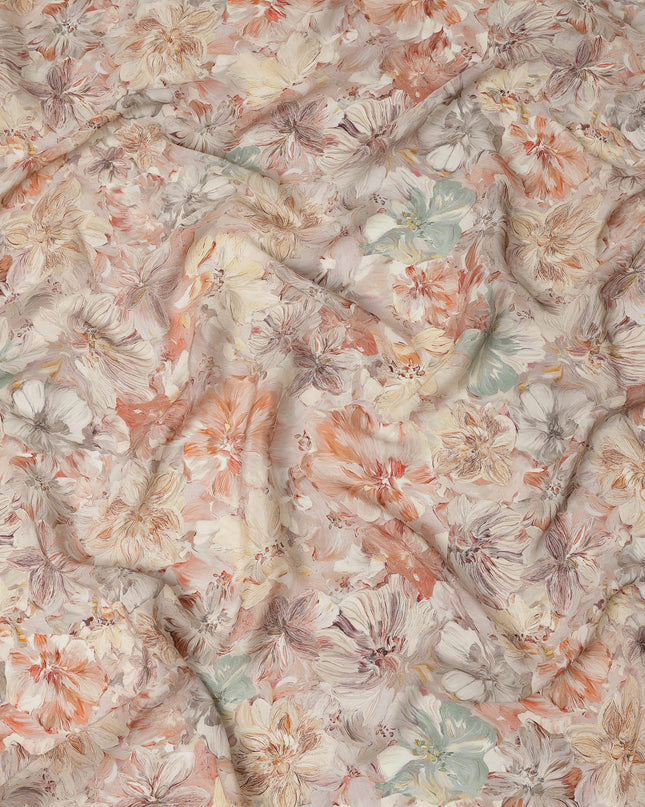 قماش كريب فيسكوز مطبوع عليه زهور بلون الخوخ والليلك البيج مع تأثير ضربات الفرشاة، عرض 110 سم، صنع في الهند - D23408