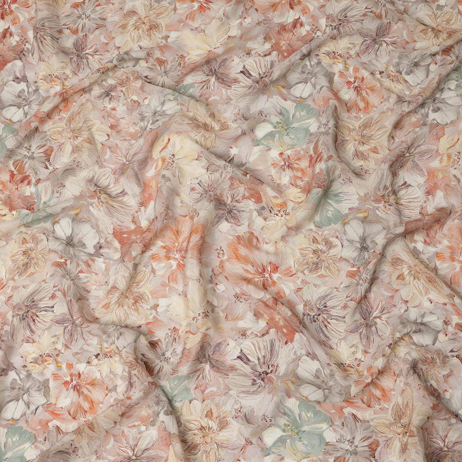 قماش كريب فيسكوز مطبوع عليه زهور بلون الخوخ والليلك البيج مع تأثير ضربات الفرشاة، عرض 110 سم، صنع في الهند - D23408