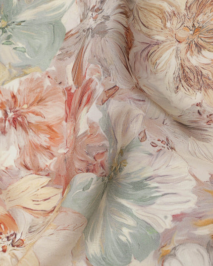 قماش كريب فيسكوز مطبوع عليه زهور بلون الخوخ والليلك البيج مع تأثير ضربات الفرشاة، عرض 110 سم، صنع في الهند - D23408