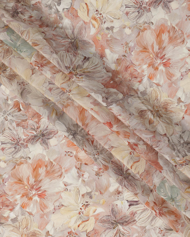 قماش كريب فيسكوز مطبوع عليه زهور بلون الخوخ والليلك البيج مع تأثير ضربات الفرشاة، عرض 110 سم، صنع في الهند - D23408