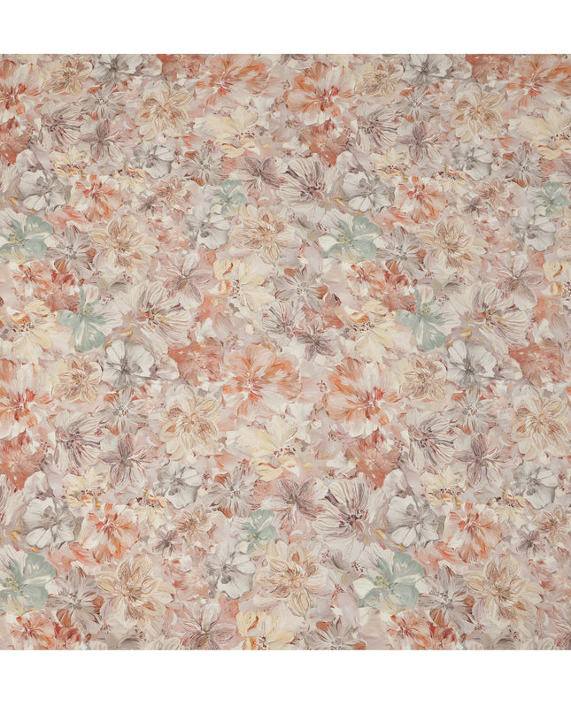قماش كريب فيسكوز مطبوع عليه زهور بلون الخوخ والليلك البيج مع تأثير ضربات الفرشاة، عرض 110 سم، صنع في الهند - D23408