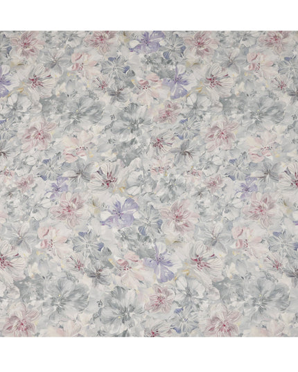 قماش كريب فيسكوز مطبوع عليه زهور باللون الرمادي الفاتح والأرجواني مع تصميم زهور مرسومة، عرض 110 سم، صنع في الهند - D23409