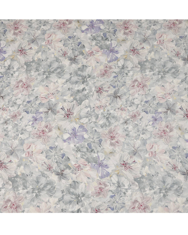 قماش كريب فيسكوز مطبوع عليه زهور باللون الرمادي الفاتح والأرجواني مع تصميم زهور مرسومة، عرض 110 سم، صنع في الهند - D23409