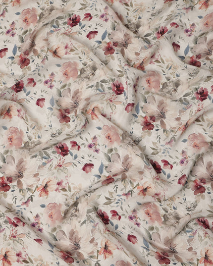 Ivory Base Maroon and Blush Floral Printed Viscose Crepe Fabric with Delicate Leaf Motifs, Width 110 cm, Made in India-D23410