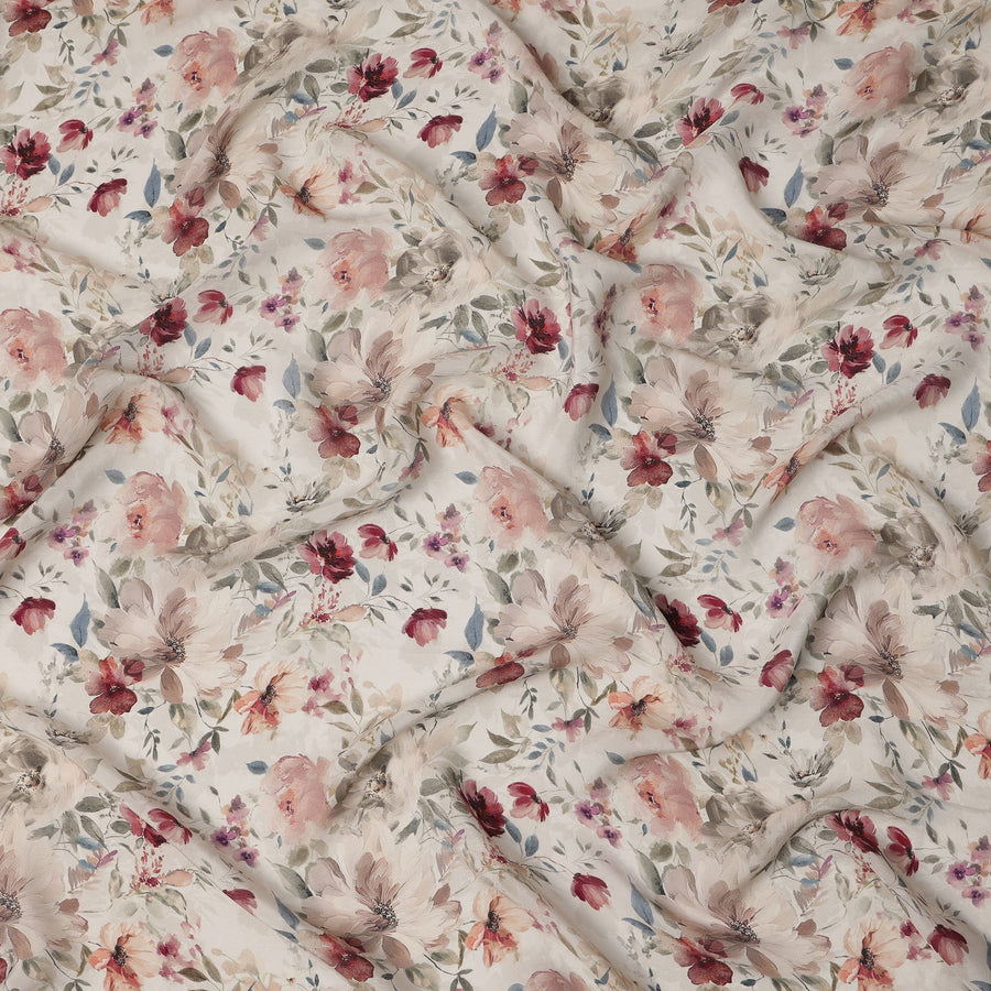 Ivory Base Maroon and Blush Floral Printed Viscose Crepe Fabric with Delicate Leaf Motifs, Width 110 cm, Made in India-D23410