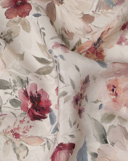 Ivory Base Maroon and Blush Floral Printed Viscose Crepe Fabric with Delicate Leaf Motifs, Width 110 cm, Made in India-D23410