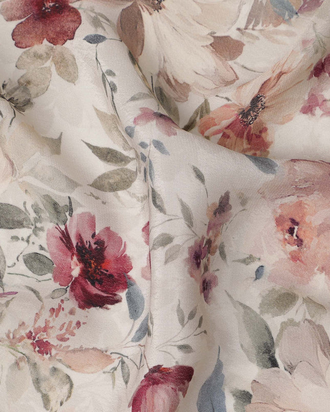 Ivory Base Maroon and Blush Floral Printed Viscose Crepe Fabric with Delicate Leaf Motifs, Width 110 cm, Made in India-D23410