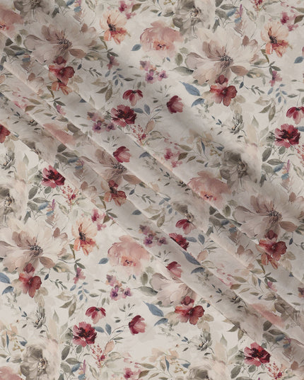 Ivory Base Maroon and Blush Floral Printed Viscose Crepe Fabric with Delicate Leaf Motifs, Width 110 cm, Made in India-D23410