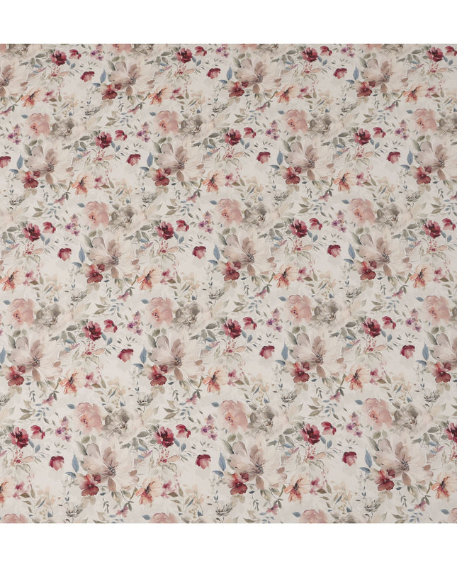 Ivory Base Maroon and Blush Floral Printed Viscose Crepe Fabric with Delicate Leaf Motifs, Width 110 cm, Made in India-D23410
