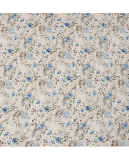 قماش كريب فيسكوز مطبوع عليه زهور باللونين الأزرق والبيج، قاعدة عاجية، مع تفاصيل أوراق بألوان مائية، عرض 110 سم، صنع في الهند - D23411