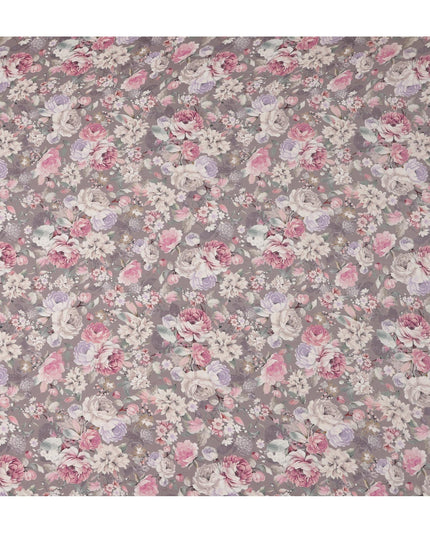قماش كريب فيسكوز مطبوع عليه زهور وردية أرجوانية باهتة وأرجوانية مع زخارف ورود عتيقة، عرض 110 سم، صنع في الهند - D23413