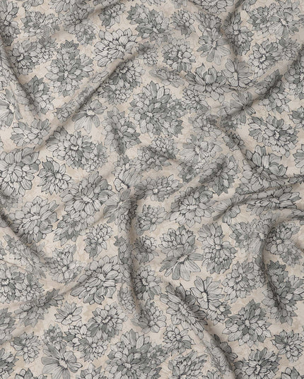 Beige Base Monochrome Black Floral Printed Viscose Crepe Fabric with Hand-Sketched Bloom Design, Width 110 cm, Made in India-D23414