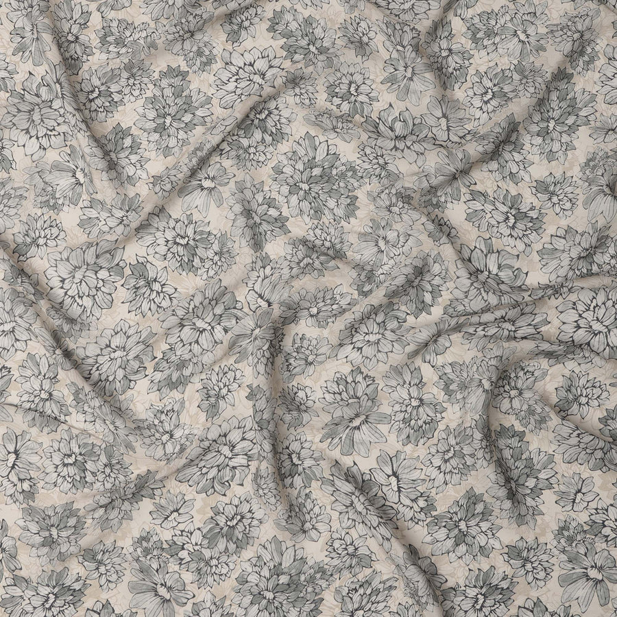 Beige Base Monochrome Black Floral Printed Viscose Crepe Fabric with Hand-Sketched Bloom Design, Width 110 cm, Made in India-D23414