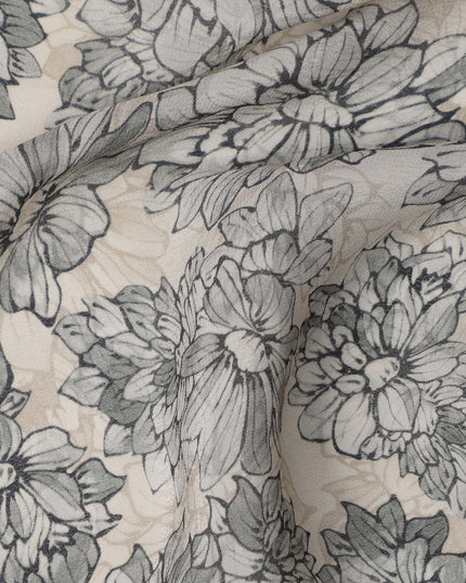 Beige Base Monochrome Black Floral Printed Viscose Crepe Fabric with Hand-Sketched Bloom Design, Width 110 cm, Made in India-D23414