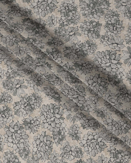 Beige Base Monochrome Black Floral Printed Viscose Crepe Fabric with Hand-Sketched Bloom Design, Width 110 cm, Made in India-D23414