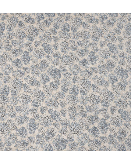 قماش كريب فيسكوز مطبوع عليه زهور زرقاء بقاعدة بيج مع تصميم نباتي مرسوم يدويًا، عرض 110 سم، صنع في الهند - D23415