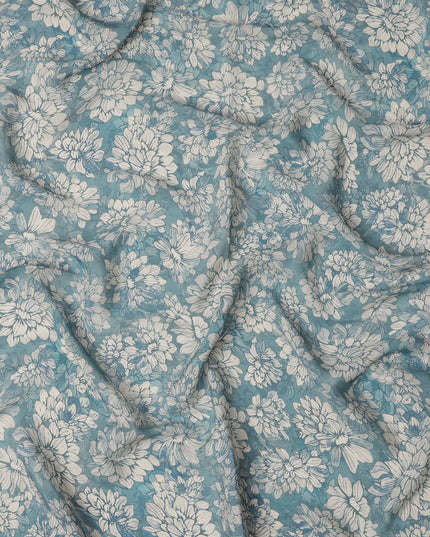 Teal Blue White Floral Printed Viscose Crepe Fabric with Hand-Illustrated Bloom Design, Width 110 cm, Made in India-D23416 Regal Fabrics